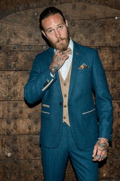 DION - Blue Tweed Check Suit With DX7 Oak Waistcoat Tailored Herringbone Pattern Suits, Tailored Three-piece Suit For Groom In Winter, Tailored Three-piece Winter Suit For Groom, Fitted Tweed Notch Lapel Jacket For Groom, Fitted Tweed Jacket With Notch Lapel For Groom, Wool Tweed Jacket With Suit Collar For Wedding, Winter Wedding Tailored Three-piece Suit For Groom, Winter Wedding Fitted Tweed Jacket, Classic Tweed Wedding Suits