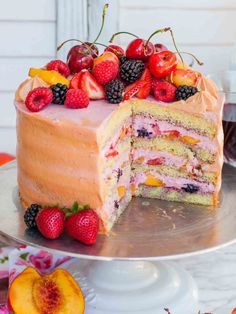 a cake that has been cut in half with fruit on top