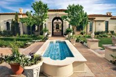 a pool in front of a house with potted plants