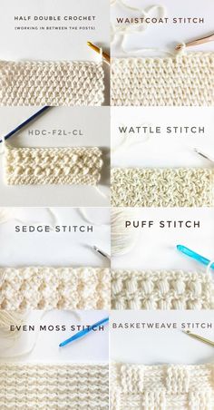 crochet stitches are shown with the instructions for how to use them in knitting