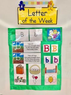 a green bulletin board with pictures and words on it that say letter of the week