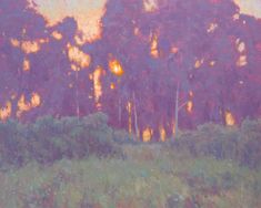 an oil painting of trees and grass at sunset