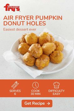 the flyer for an air fryer pumpkin donut holes recipe is displayed on a white plate