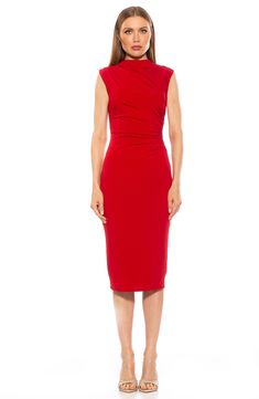 A mock neckline adds on-trend appeal to a figure-hugging bodycon that's crafted with stretch for lasting comfort. Mock neck Sleeveless Lined 97% polyester, 3% spandex Machine wash, line dry Imported Model stats: 5'10" height, 32" bust, 25" waist, 36" hip. Elegant Fitted High Neck Bodycon Dress, Fitted Elastane Sheath Bodycon Dress, Fitted High Neck Bodycon Dress For Evening, High Neck Elastane Bodycon Dress For Date Night, High Neck Stretch Bodycon Dress For Formal Occasions, Fitted High Neck Bodycon Dress In Elastane, Fitted High Neck Elastane Dresses, Fitted High Neck Dress For Date Night, Flattering Fitted Ruched Bodycon Dress