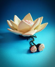 a white flower sitting on top of a blue surface