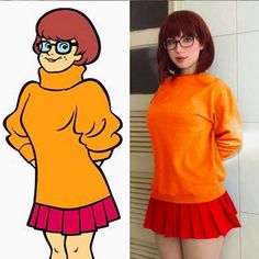 a woman with red hair and glasses standing next to an image of cartoon character in orange