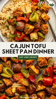 cajun tofu sheet pan dinner on a plate with rice and peppers