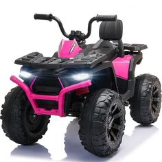 a pink four - wheeler is shown on a white background