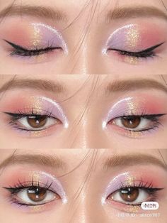 Bridesmaid Makeup Purple, Pink Make Up Look, Glitter Eyeshadow Looks, Elf Hair, Festival Make Up, Bentuk Alis, Doll Eye Makeup, Korean Eye Makeup