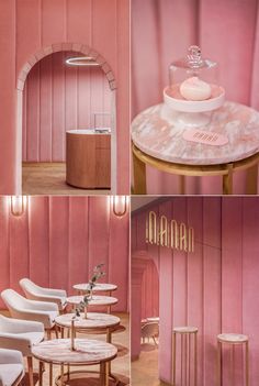 the interior of a pink salon with chairs, tables and stools in different positions