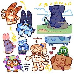 an image of some cartoon animals with different expressions on their faces and body parts in various poses