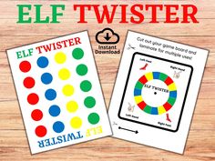 two matching game cards with the words elf twister and an image of a colorful circle