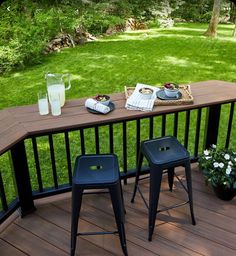 Modern Backyard Decks And Patios, Bar Seating On Deck Railing, Lake Deck Railing Ideas, Bar Ledge On Deck, Bar Deck Railing, Tiki Deck Ideas, Deck With Bar Railing, Bar Top On Deck Railing, Bar On Deck Ideas