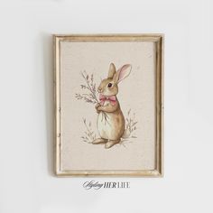 a painting of a rabbit holding a flower in its mouth and wearing a bow tie