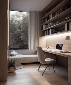 a room with a desk, chair and bookshelf next to a large window