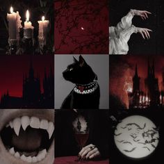 a collage of images with candles and black cats in the dark, vampire - like scene