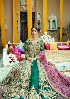 green lehenfa Tissue Fabric Lehenga, Pakistani Bridal Lehenga, Lehenga Dress, Gold Lehenga, Zardozi Work, Lehenga Gown, Pink Long Dress, Bridal Dress Fashion, Pakistani Bridal