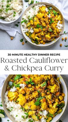 two bowls filled with roasted cauliflower and chickpea curry next to each other