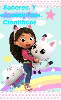 a girl holding a white cat on top of a rainbow colored background with stars and clouds