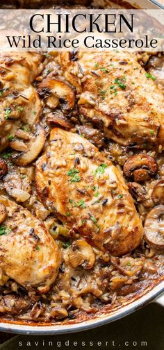 chicken and wild rice casserole with mushrooms in a pan