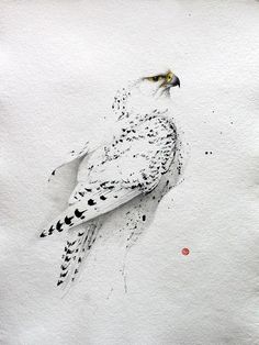 a drawing of a white bird with black spots on it's body and wings