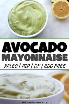 avocado mayonnaise in a white bowl next to sliced oranges