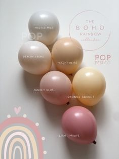 several balloons are arranged in a row on a white background with the words pop pastel above them