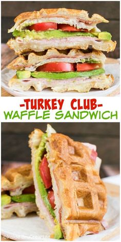 the turkey club waffle sandwich is cut in half and stacked on top of each other