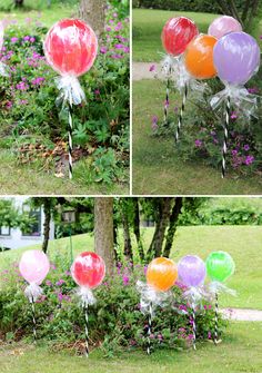 four different pictures of balloons in the grass