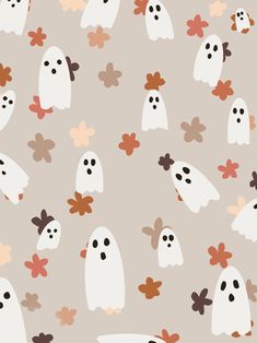 a group of ghost and flowers on a gray background