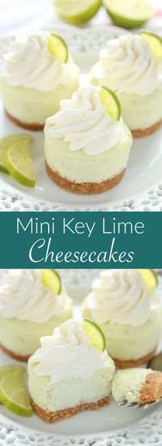 mini key lime cheesecakes on a white plate with the title overlay above it