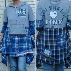 two pictures of a woman wearing a blue and gray plaid shirt with an oversized hoodie