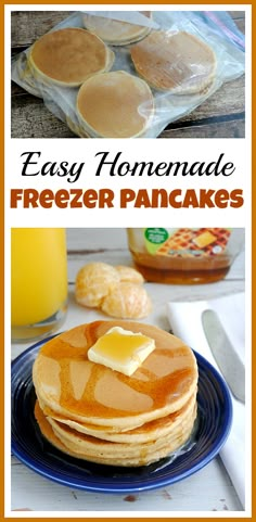 easy homemade freezer pancakes with butter and syrup on the top are ready to be eaten