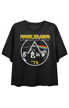 Online only! Rock out in style with this Pink Floyd crop t-shirt. The shirt features an image of four band members in front of the Dark Side of the Moon album artwork while the number 73 appears in yellow at the bottom of the image. Yellow letters above the image spell out the group's name. The tee comes in a black short-sleeved crop top. Fans of the Pink Floyd rock group will love this comfy crop tee.


	Solid color tee
	Short sleeves
	Crew neckline
	Front graphic
	Cropped lenghth
	Machine washable Summer Band Merch Cropped T-shirt With Short Sleeves, Band Merch Short Sleeve T-shirt For Fans, Cheap Pink Band Merch T-shirt, Unisex Pink Band Merch T-shirt, Yellow Letters, Pink Floyd Graphic Tee, Pink Floyd T Shirt, Steam Projects, Dark Side Of The Moon