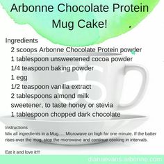 the ingredients for an arbone chocolate protein mug cake are shown in this poster