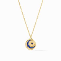 A graduated pavé crescent moon charm dangles before a golden disc with a twinkling gemstone star. Star Accessories, Julie Vos, Moon Charm, Sapphire Blue, Jewelry Bags, Crescent Moon, Twinkle Twinkle, Ring Necklace, Accessories Shop