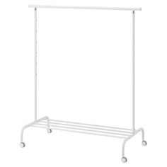 a white garment rack with wheels on the bottom and two bars attached to each side