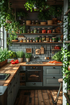 farmhouse kitchen inspo, green kitchen, open shelves kitchen, moody kitchen Moody Kitchen, Cosy Kitchen, Cottage Kitchens, Boho Kitchen, Unique Kitchen, Cottage Kitchen, Dream House Decor, Rustic Kitchen, Country Kitchen