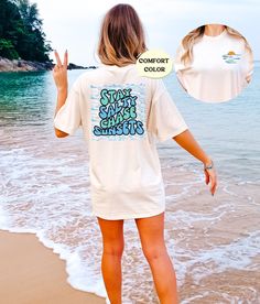 "These cute distressed, summer tees are a must have for 2023! Mix and match colors with friends for a perfect vacation photo! Please note some tshirt colors will have a more faded design look based on the color of the text on the tee! This design is printed on the back with an additional subtle front pocket design! About Comfort Colors Tees! (Unisex Shirts!) These ultra soft pigment dyed shirts are one of our best sellers ⭐️ 100% ring spun cotton ⭐️ PRESHRUNK, soft-washed, garment-dyed fabric ⭐️ Casual Relaxed Fit T-shirt For Summer, Casual Beach T-shirt With Slogan, Cute Relaxed Fit T-shirt For Beach Season, Casual Short Sleeve T-shirt For Summer Adventures, Casual Oversized T-shirt For Beach Season, Cute Relaxed Fit T-shirt For Vacation, Oversized Shirt Aesthetic, Birthday Squad Shirts, Summer Vacation Shirt