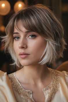 Short Hairstyle Women Light Brown, Emma Stone Short Hair, Long Pixie Bangs, Simple Short Haircut, Whispy Front Bangs Short Hair Blonde, Low Maintenance Blonde Hair Short, Chin Length Blonde Hair, 70s Bob Haircut, Blonde Layered Bob With Bangs