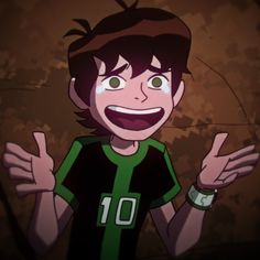 an animated boy with green and black shirt giving the peace sign