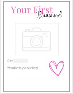 a white card with pink hearts and the words, your first ultrasound