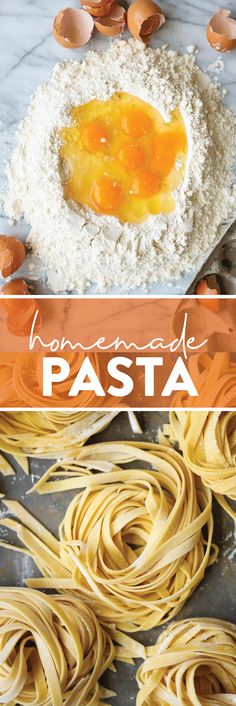 homemade pasta with eggs on top and in the middle, next to it is an image of