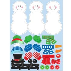 paper cut outs with snowmen, hats and mittens on them in blue background