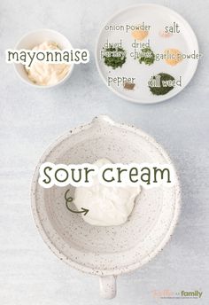 the ingredients to make sour cream in small bowls on a table with text overlay