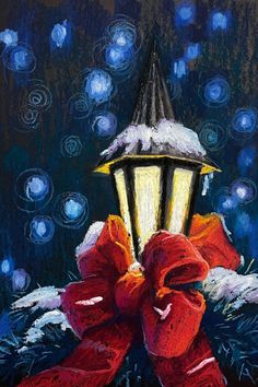 a painting of a street light with a red bow on it's front and blue background