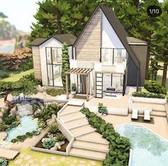 this is an artist's rendering of a modern house in the woods with pool and hot tub