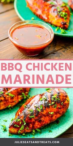 bbq chicken marinade on green plates with sauce