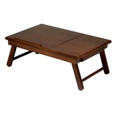 a small wooden table with two legs and a tray on the top that has an open lid