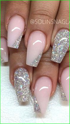 Prom Nails Silver, White Acrylic Nails, Acrylic Coffin, Glitter Acrylic, Nails Spring, Prom Nails, Nails Coffin, Coffin Nails Designs